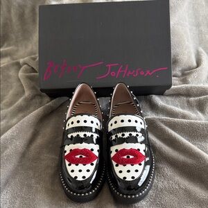 Betsey Johnson Black and White Loafers with Red Lips